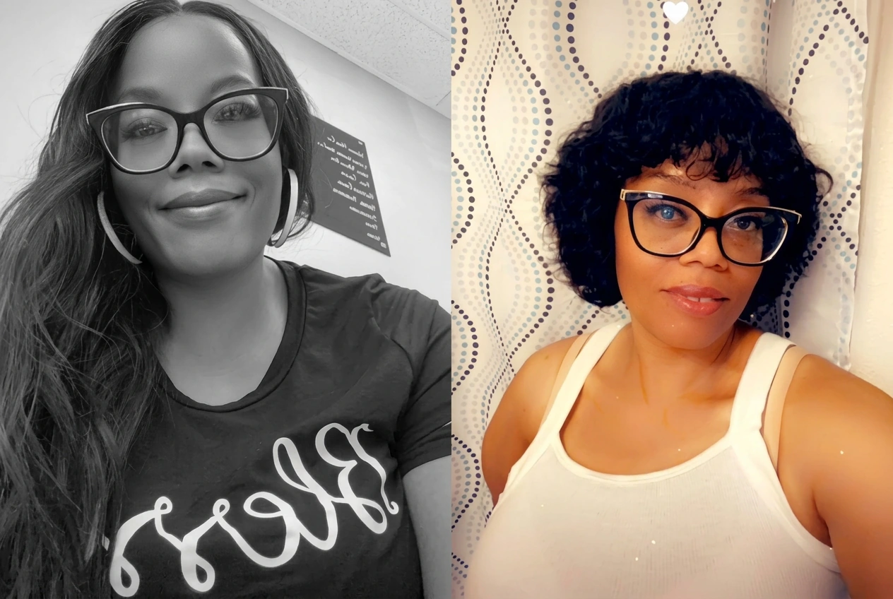 Two portraits of Cherise Franklin with long hair and a short curly hairstyle