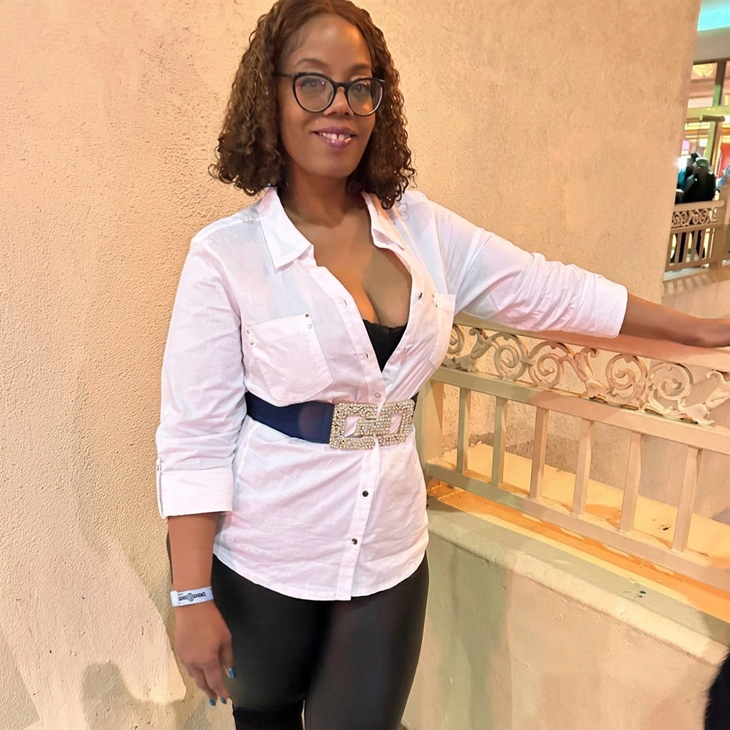 Cherise Franklin wearing a white shirt and statement belt, with shoulder-length curls